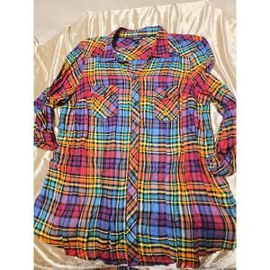 Torrid Shirt Womens 1 Rainbow Plaid Challis Button Up Long Sleeve Boho Festival